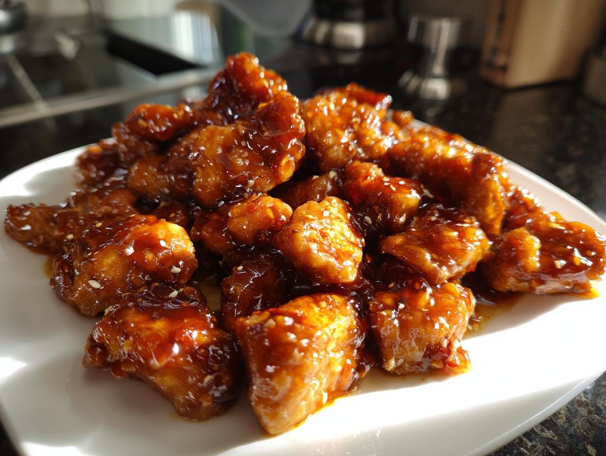 A close-up of sticky, glazed pieces of 15 Minute Easy Orange Chicken sprinkled with sesame seeds on a white plate.