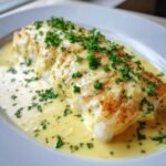 A perfectly baked cod fillet covered in rich coconut lemon cream sauce and topped with fresh parsley.