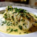 Close-up of baked cod fillet smothered in creamy coconut lemon sauce and topped with fresh parsley.