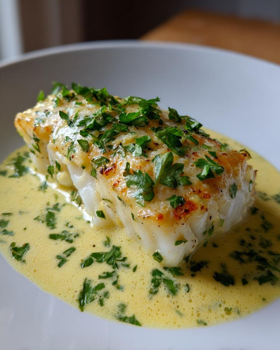 A perfectly cooked fillet of baked cod resting in a rich coconut lemon cream sauce, topped with fresh parsley.