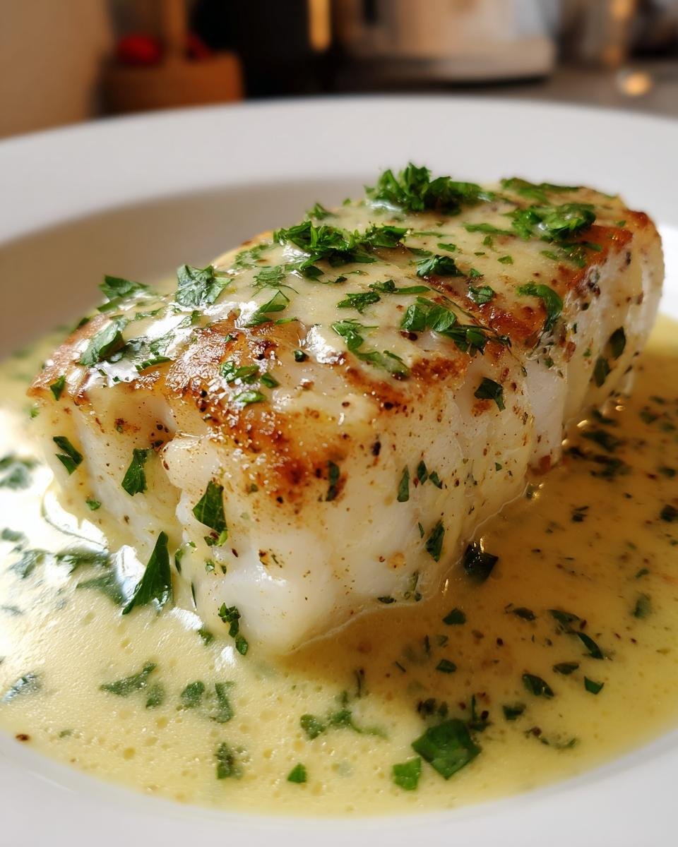 Close-up of a perfectly baked cod fillet covered in creamy coconut lemon sauce and fresh parsley.