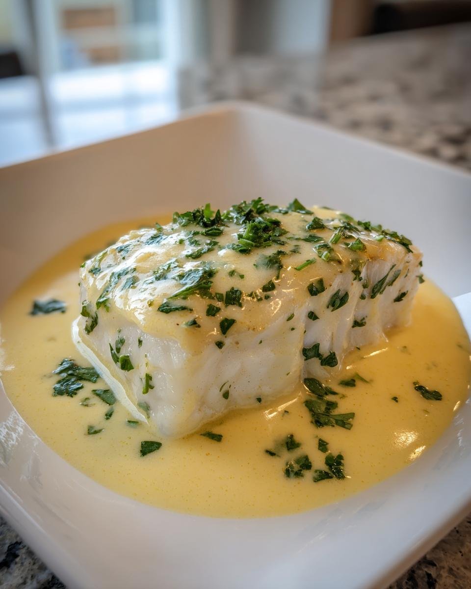 A perfectly cooked fillet of baked cod served in a rich coconut lemon cream sauce and topped with fresh parsley.