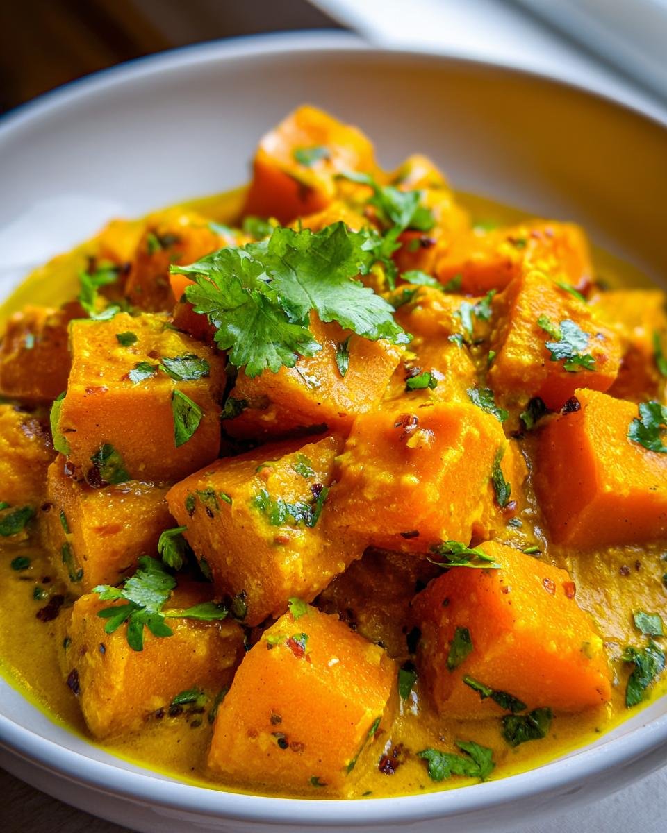 Close-up of vibrant orange cubes in a creamy yellow sauce, representing the Best Indian Pumpkin Curry Recipe, garnished with fresh cilantro.