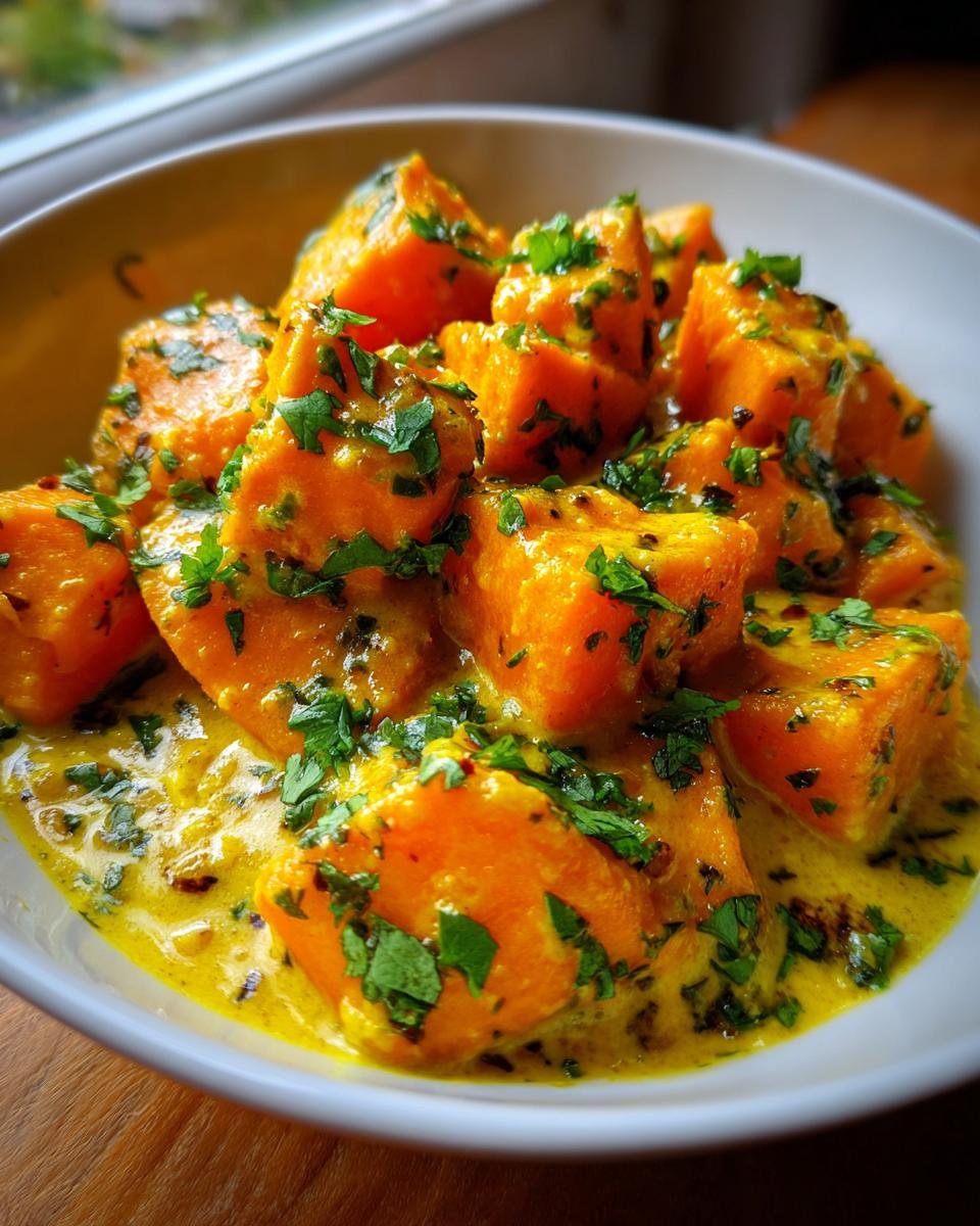 Vibrant orange chunks of pumpkin coated in a creamy yellow sauce, garnished with fresh cilantro, part of the Best Indian Pumpkin Curry Recipe.