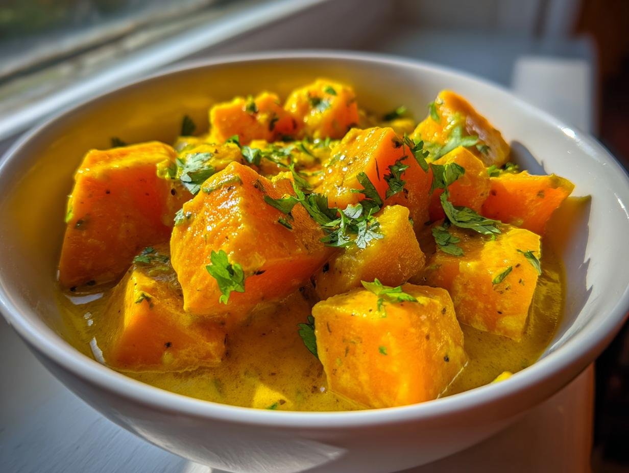 Close-up of vibrant orange chunks in a creamy yellow sauce, garnished with fresh cilantro, showcasing the Best Indian Pumpkin Curry Recipe.