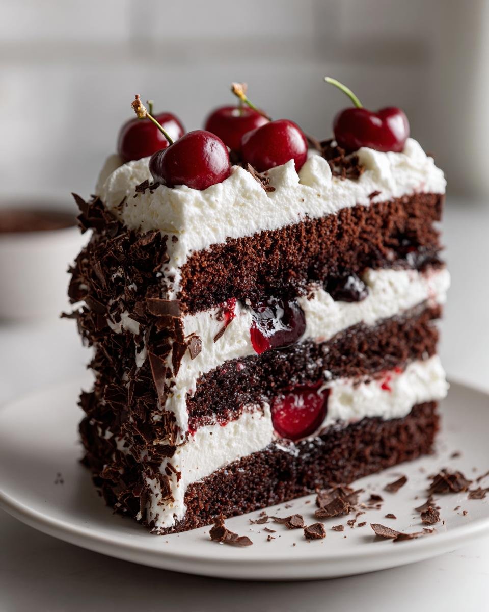 A tall slice of Black Forest Cake featuring layers of dark chocolate cake, whipped cream, cherries, and chocolate shavings.