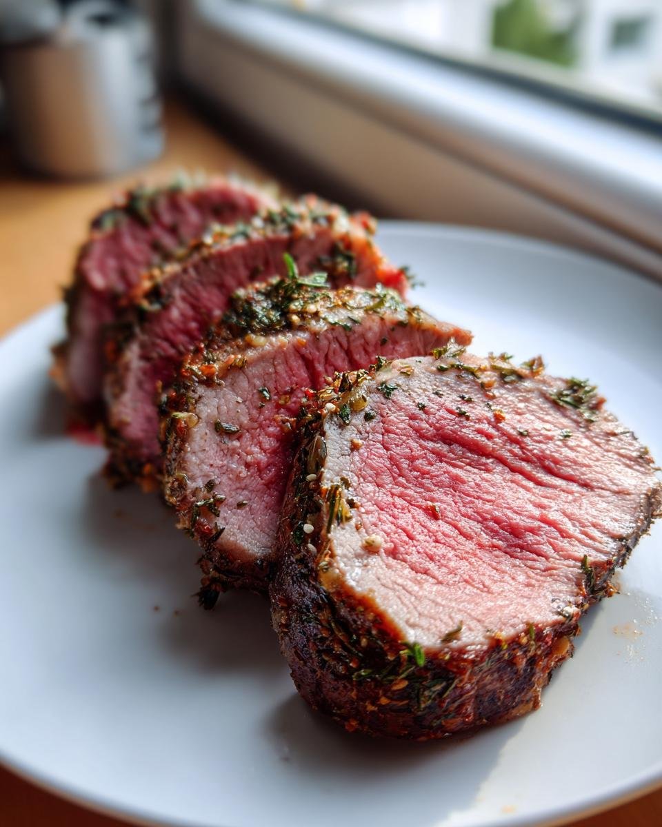 Close-up of perfectly medium-rare slices from an Irresistible Boneless Leg Of Lamb Recipe, crusted with herbs.