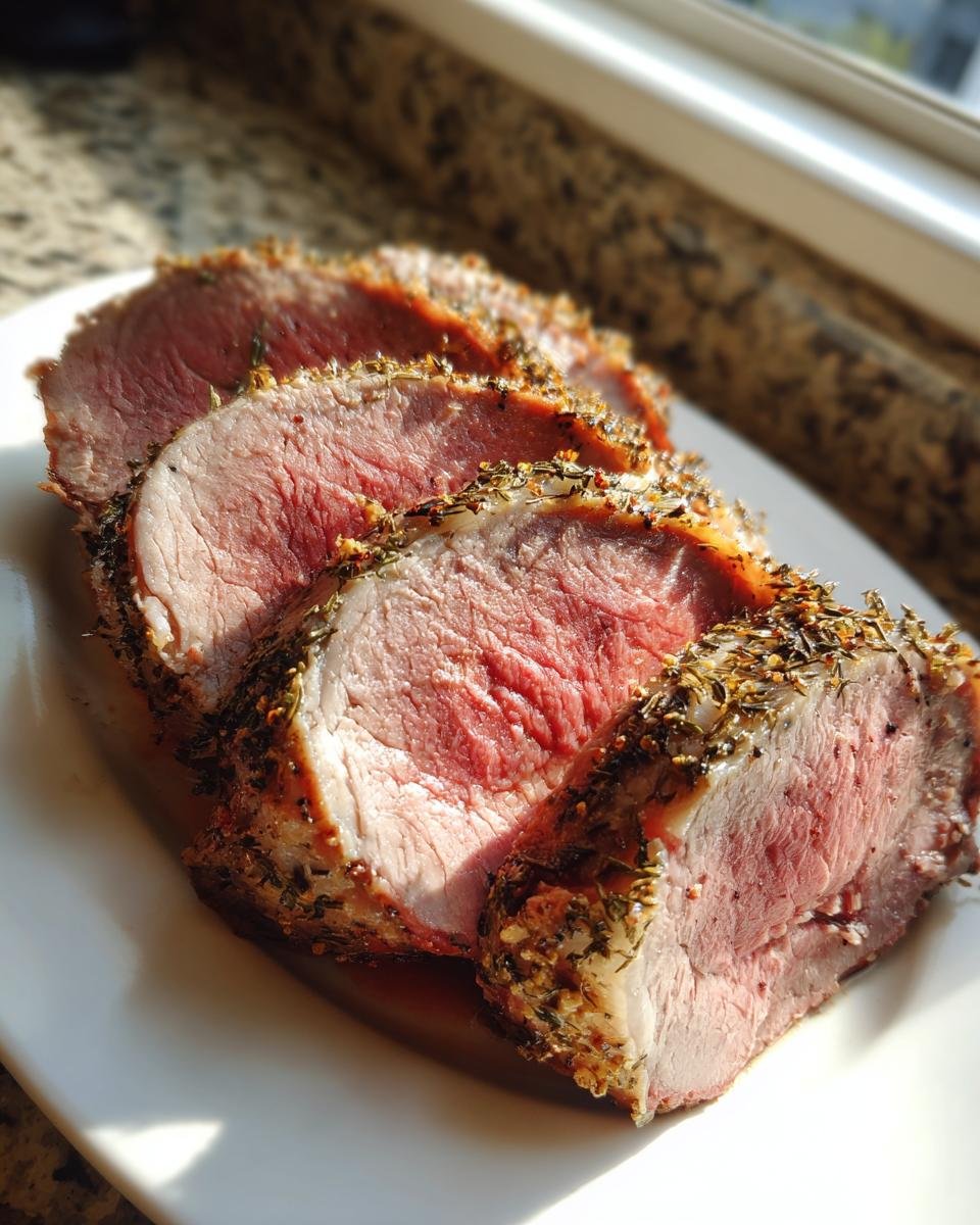 Four thick slices of medium-rare boneless leg of lamb, crusted with herbs, resting on a white plate.