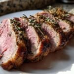 Slices of perfectly roasted, medium-rare Irresistible Boneless Leg Of Lamb Recipe topped with herbs.