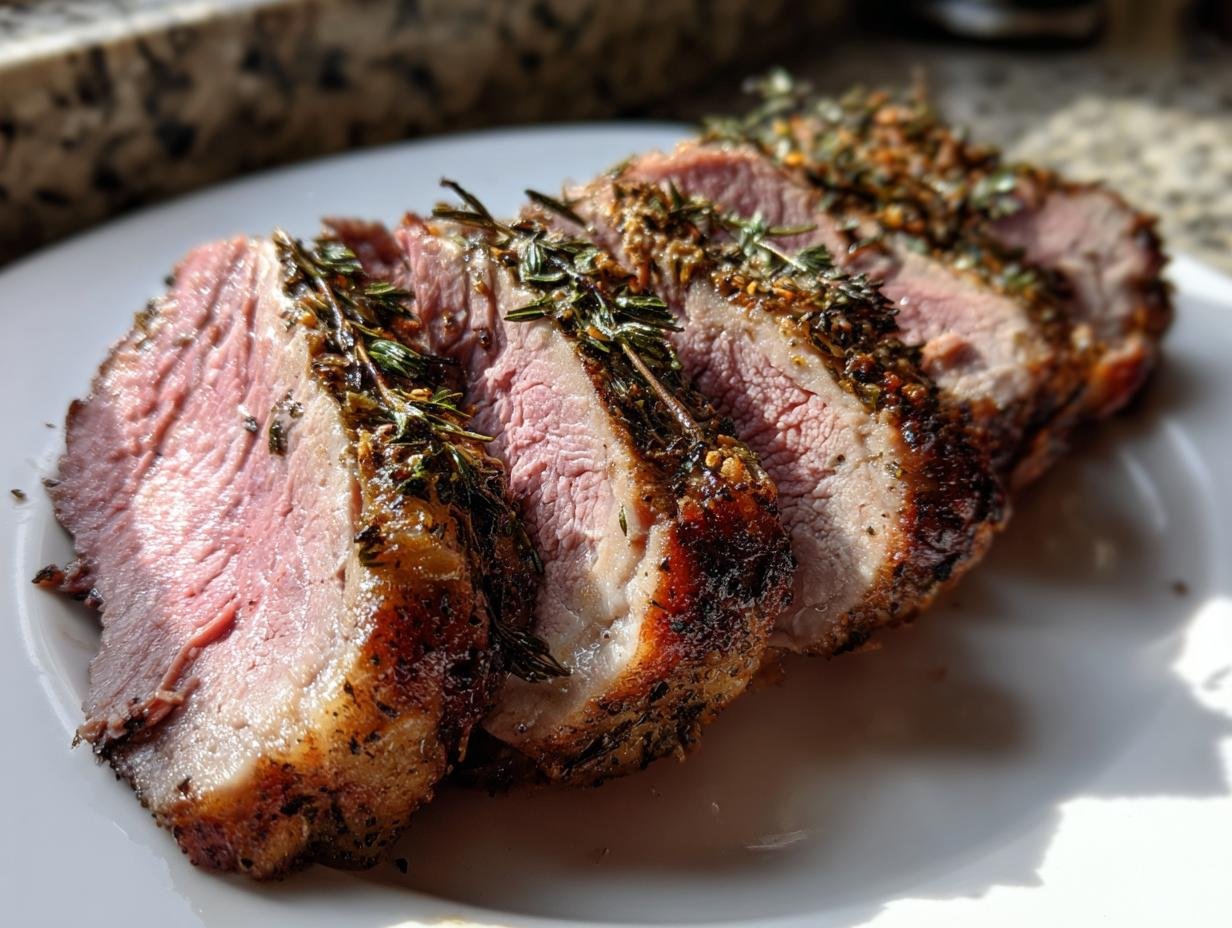 Slices of perfectly roasted, medium-rare Irresistible Boneless Leg Of Lamb Recipe topped with herbs.