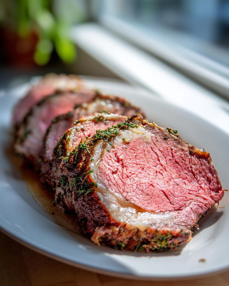 Slices of medium-rare, herb-crusted boneless leg of lamb resting in their juices on a white platter.