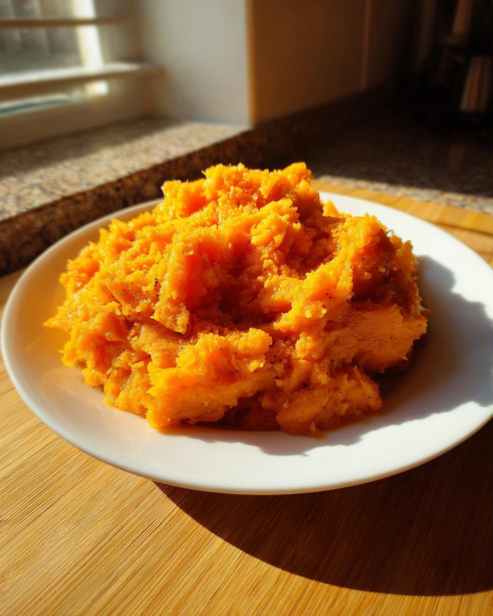 A mound of bright orange, fluffy Irresistible Bourbon Brown Sugar Sweet Potato Mash served on a white plate.