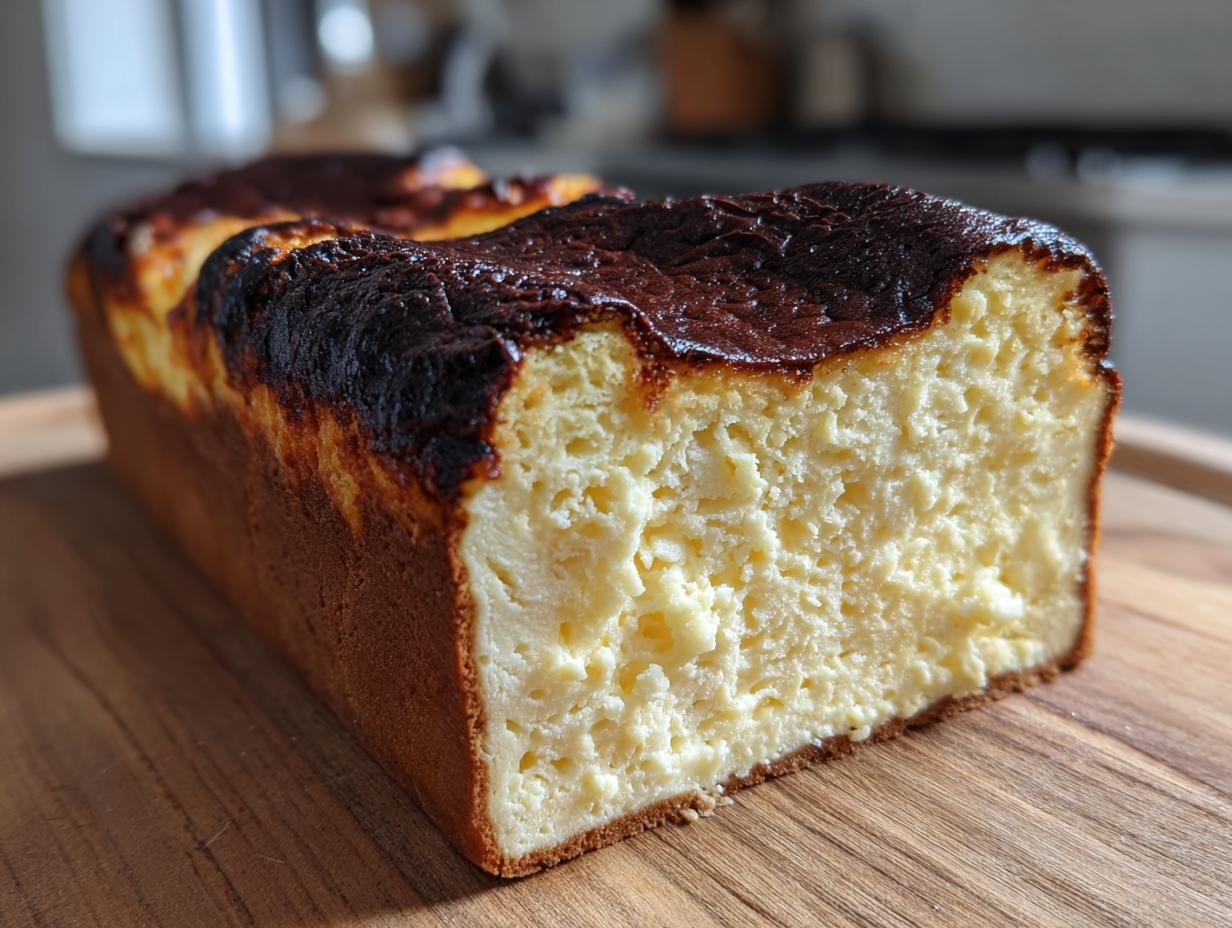 Close-up of a slice of Irresistible Burnt Basque Cheesecake baked in a loaf pan, showing the creamy interior and dark caramelized top.