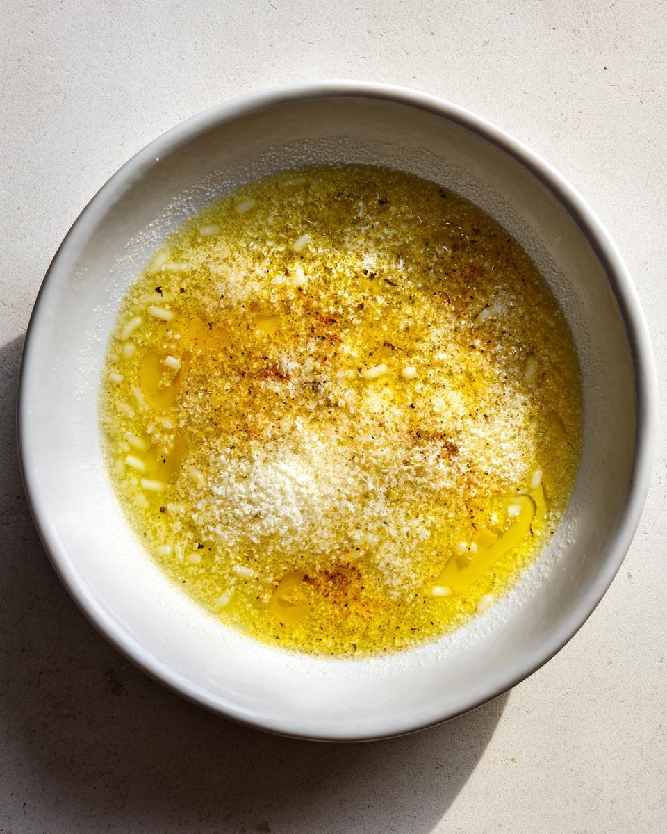 Close-up of melted butter, grated Parmesan cheese, and pepper, a topping for Comforting Pastina Soup Recipe.
