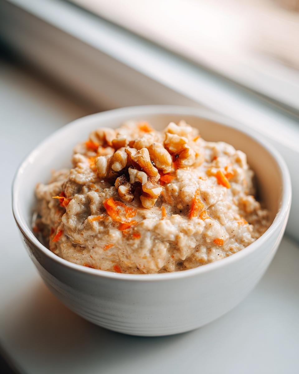 A white bowl filled with Irresistible Carrot Cake Overnight Oats, topped with shredded carrots and walnuts.