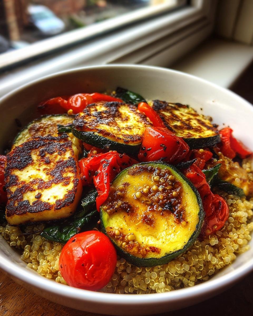 Close-up of an Irresistible Charred Vegetable Halloumi Grain Bowl featuring seared halloumi, zucchini, and roasted tomatoes over quinoa.