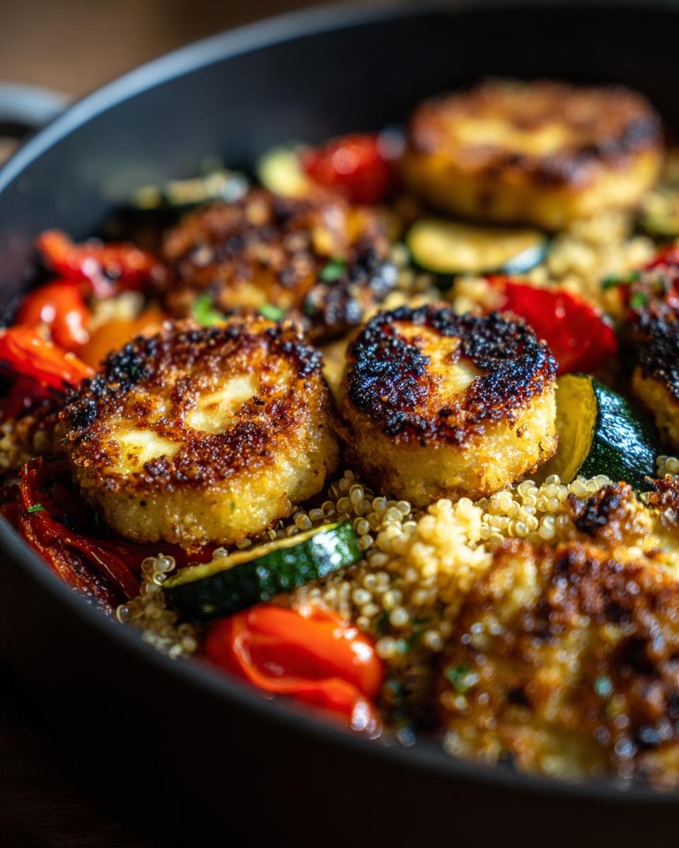 Close-up of charred halloumi slices served over quinoa with charred zucchini and tomatoes in the Irresistible Charred Vegetable Halloumi Grain Bowl Recipe.