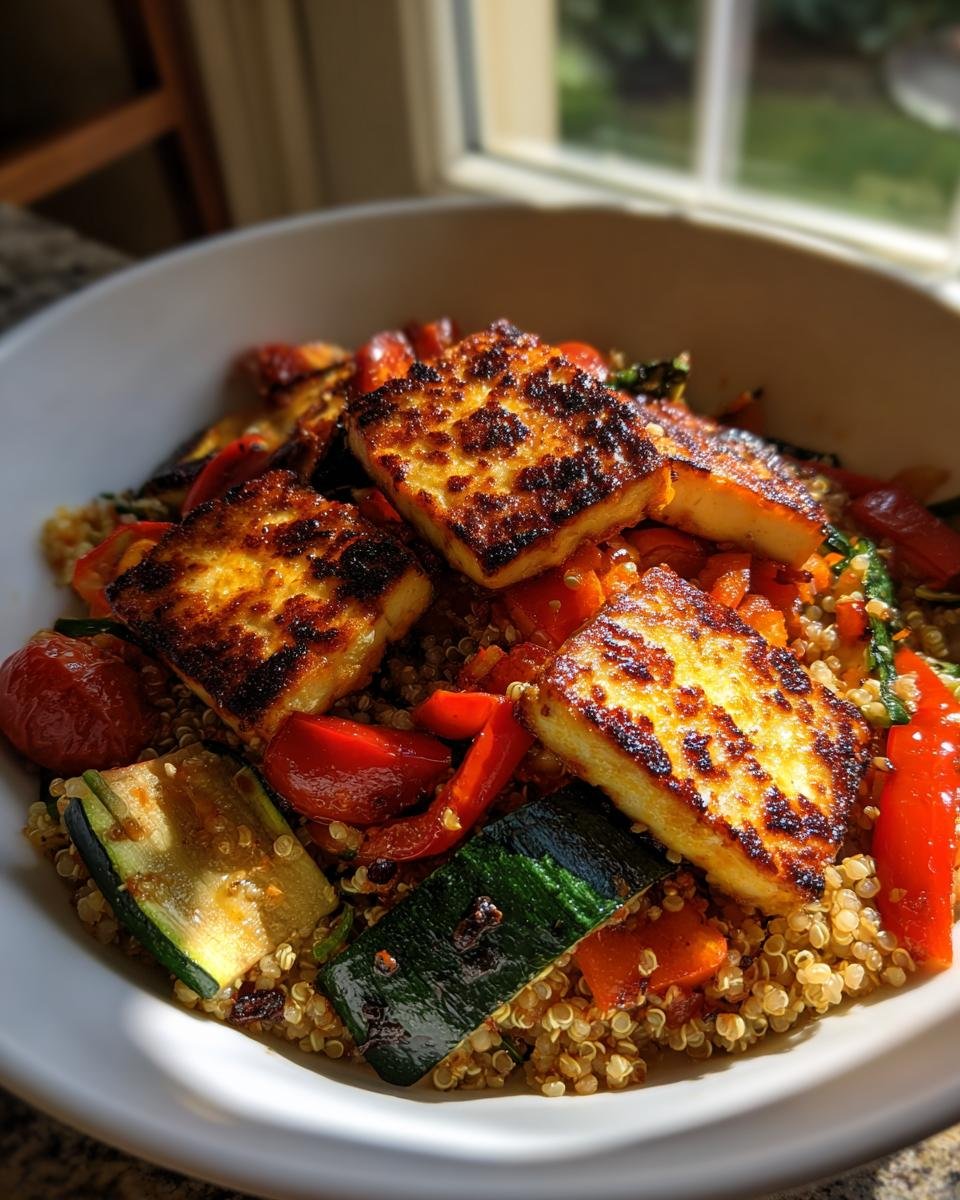 Close-up of an Irresistible Charred Vegetable Halloumi Grain Bowl featuring seared halloumi cheese over quinoa and roasted vegetables.