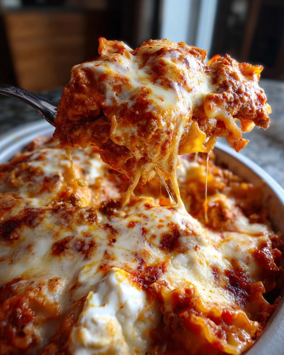 A fork lifts a cheesy, saucy portion of Comforting Skillet Lasagna with melted cheese stretching in strings.