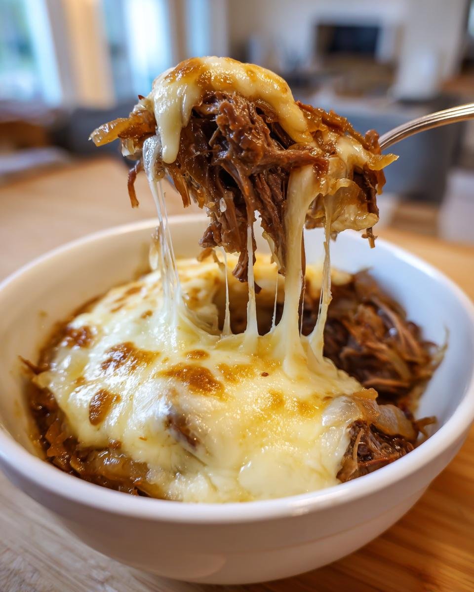 A fork lifts shredded beef and caramelized onions covered in melted, stretchy cheese from a bowl of Irresistible Savory French Onion Pot Roast.