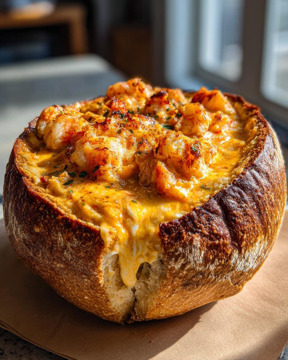 Close-up of a Cheesy Seafood Bread Bowl Delight, featuring creamy, cheesy seafood filling overflowing slightly from a crusty sourdough bowl.