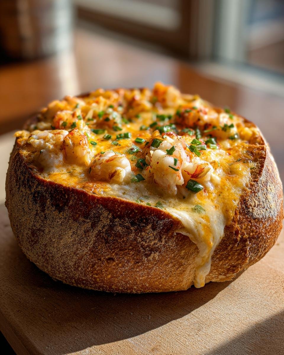 A close-up of a Cheesy Seafood Bread Bowl Delight, featuring creamy filling, shrimp pieces, and chives spilling over the crust.