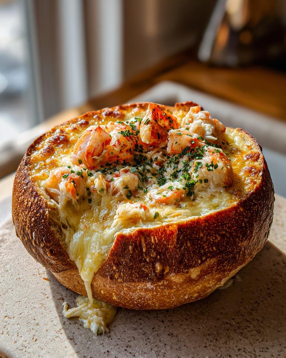 A close-up of a Cheesy Seafood Bread Bowl Delight with melted cheese dripping down the side and topped with shrimp.