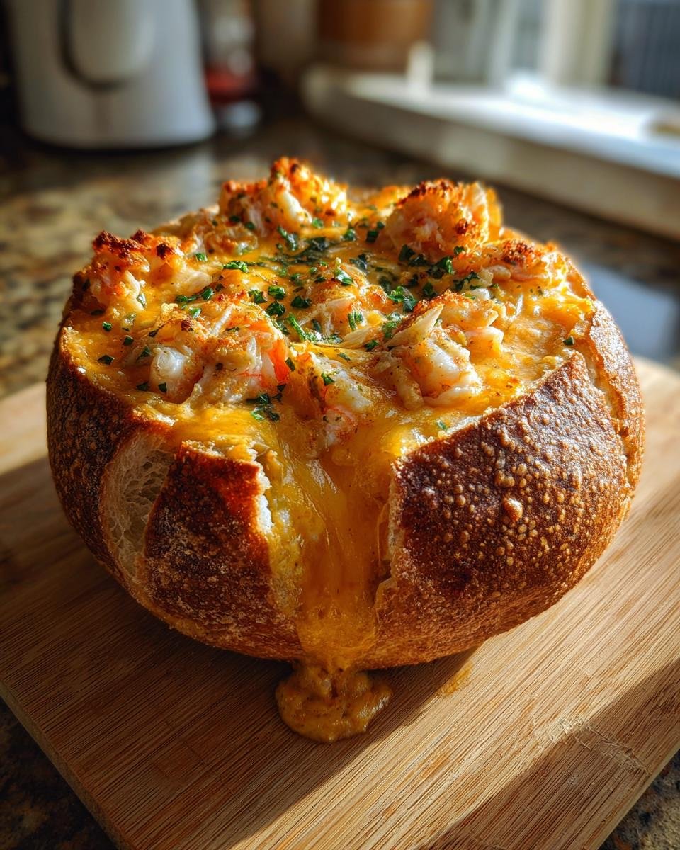 A close-up of a Cheesy Seafood Bread Bowl Delight with melted cheese dripping down the side.