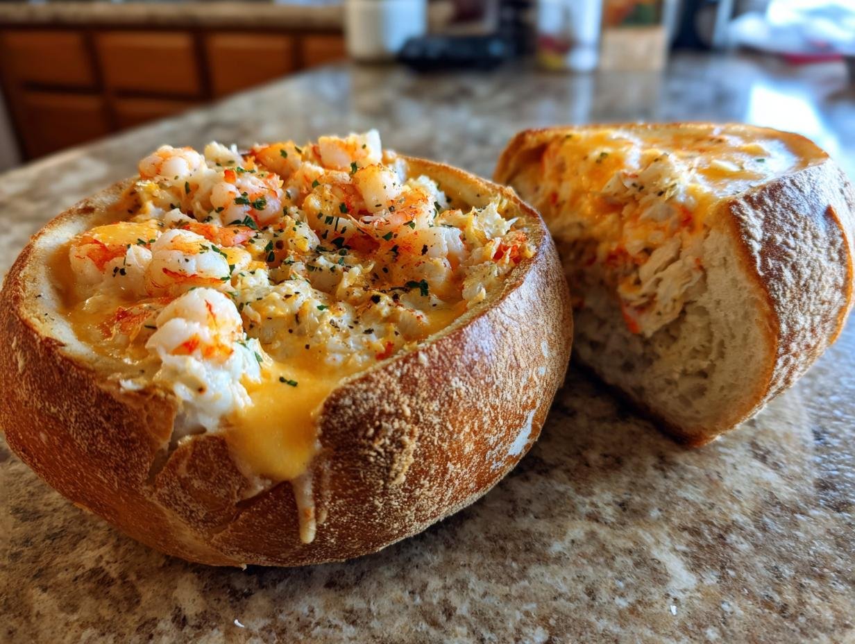 A close-up of a Cheesy Seafood Bread Bowl Delight overflowing with creamy filling and topped with whole shrimp and herbs.