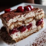 Close-up of a slice of Irresistible Cherry Amaretto Tiramisu showing layers of cream, soaked ladyfingers, and cherry filling.