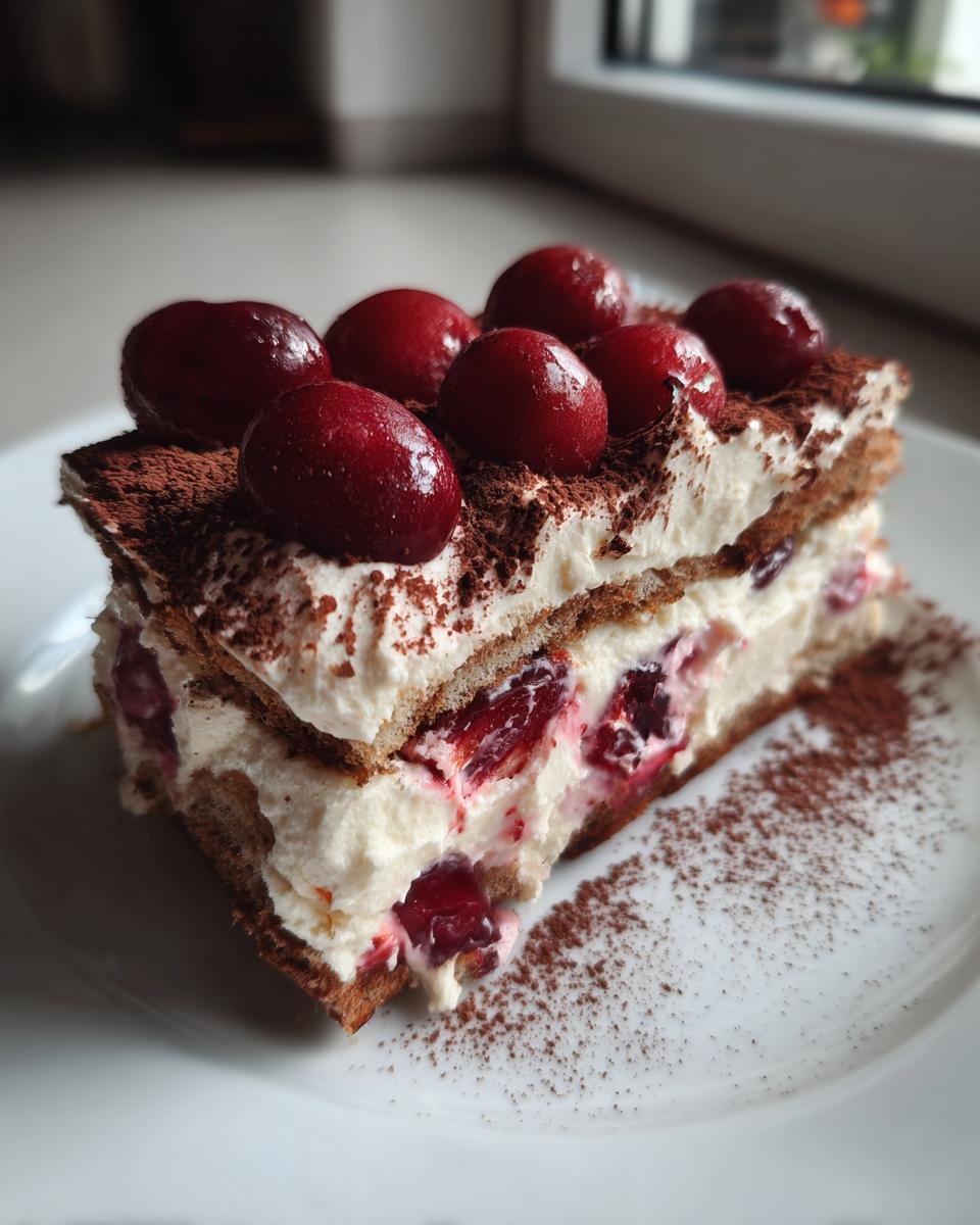 A decadent slice of Irresistible Cherry Amaretto Tiramisu topped with whole cherries and cocoa powder.