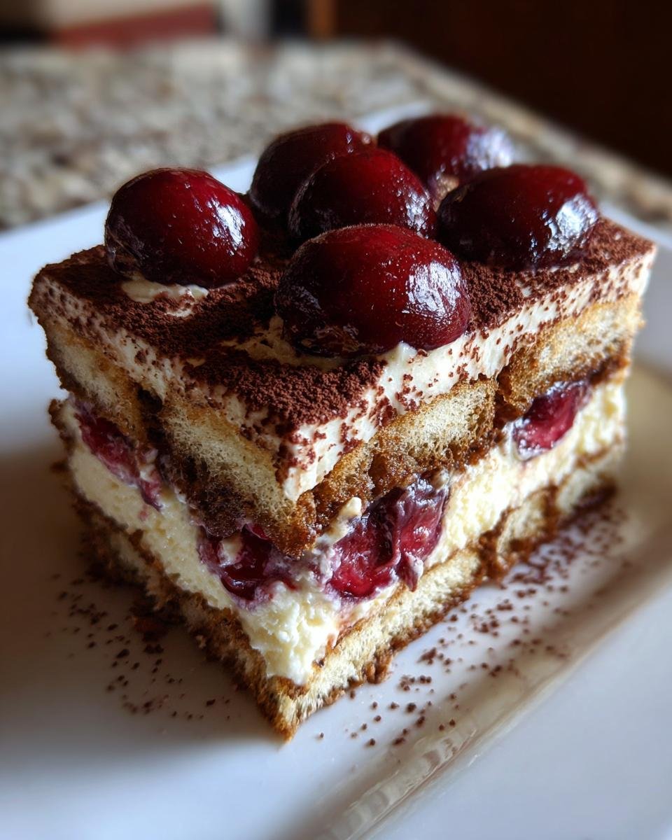 A perfect slice of Irresistible Cherry Amaretto Tiramisu topped with glossy cherries and cocoa powder.