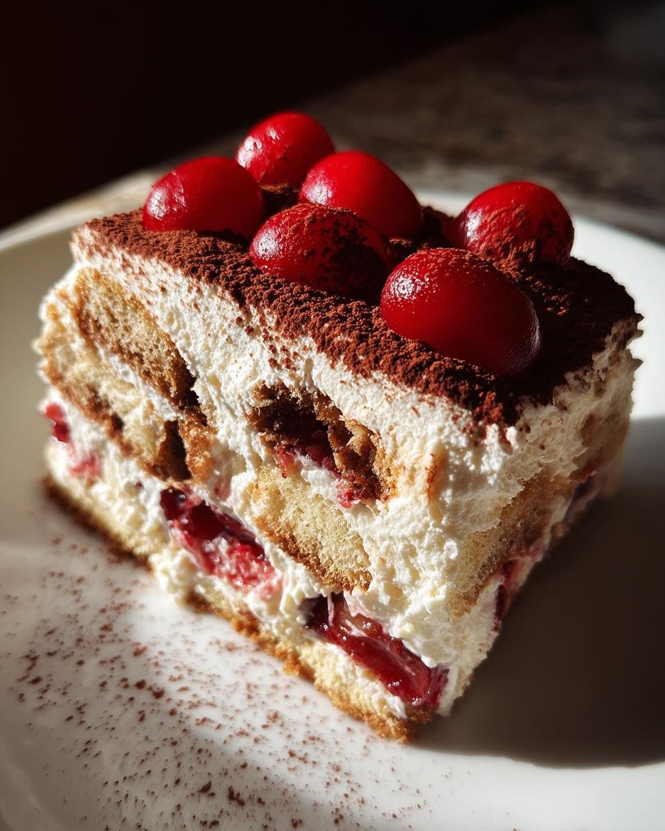 A decadent slice of Irresistible Cherry Amaretto Tiramisu, layered with cream, ladyfingers, and topped with bright red cherries.