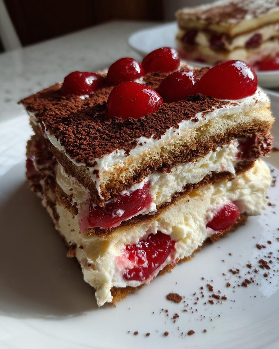 Close-up of a layered slice of Irresistible Cherry Amaretto Tiramisu, topped with cocoa and fresh cherries.