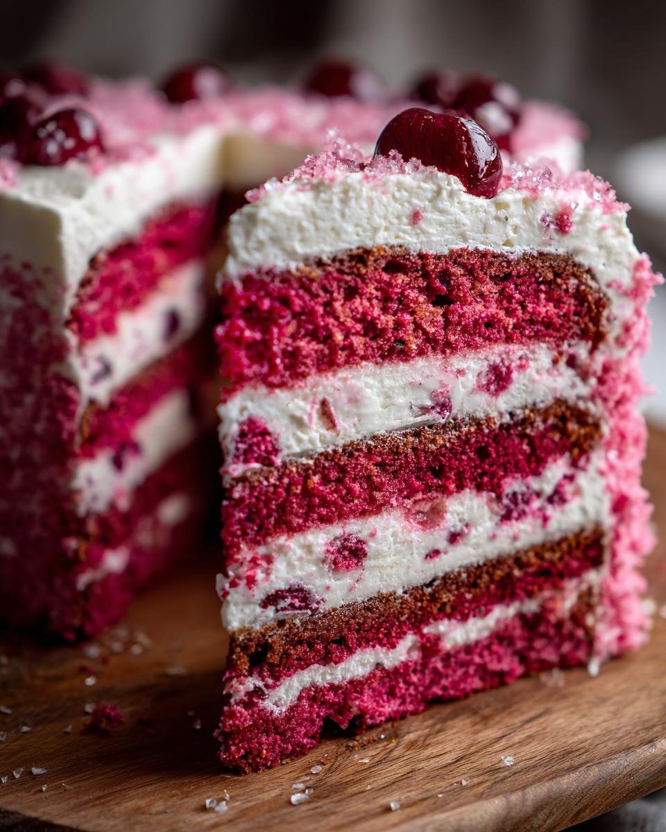 Close-up of a slice of Irresistible Cherry Layer Cake With Cream Cheese Frosting showing vibrant pink layers.