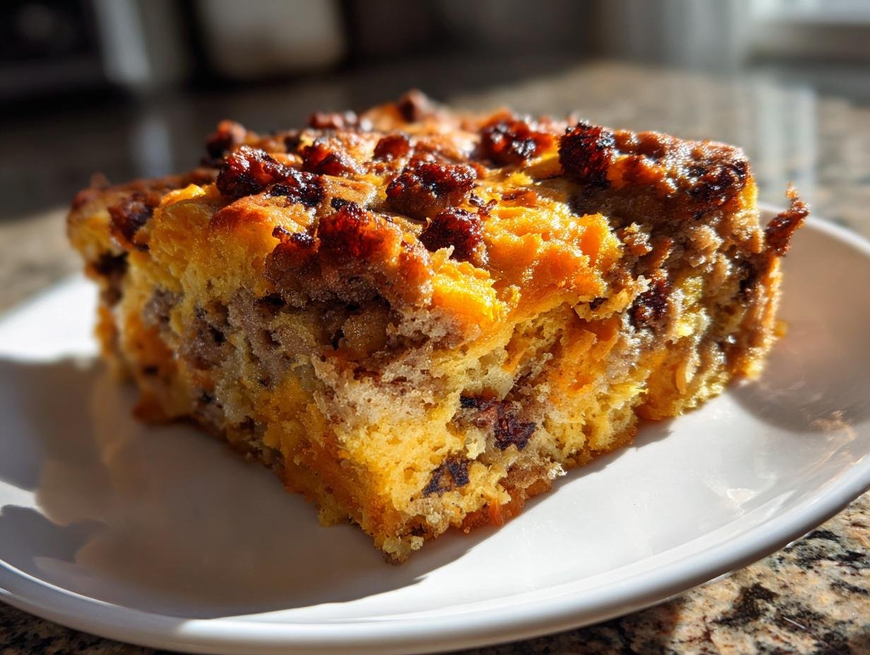 A close-up, sunlit square serving of the Irresistible Chorizo Dressing Casserole Recipe Delight on a white plate.