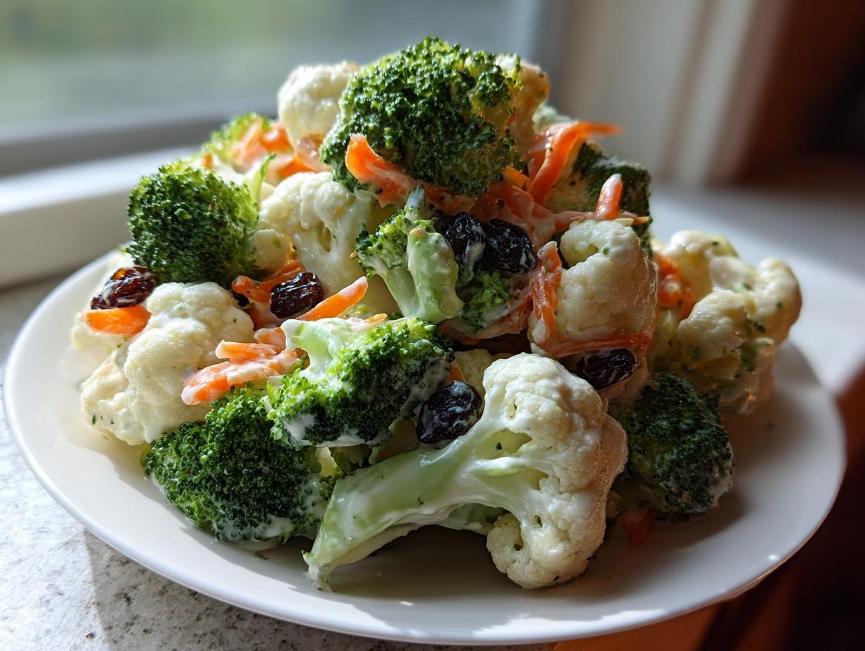 A mound of Colorful Cauliflower And Broccoli Salad Recipe Delight featuring florets, shredded carrots, and raisins in a creamy dressing.