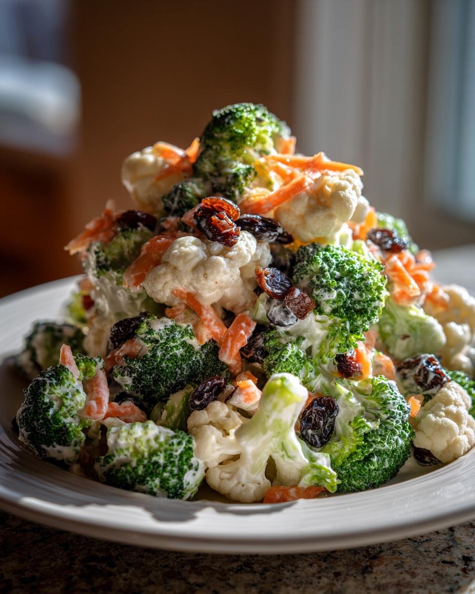 A mound of Colorful Cauliflower And Broccoli Salad Recipe Delight featuring florets, shredded carrots, and raisins in a creamy dressing.