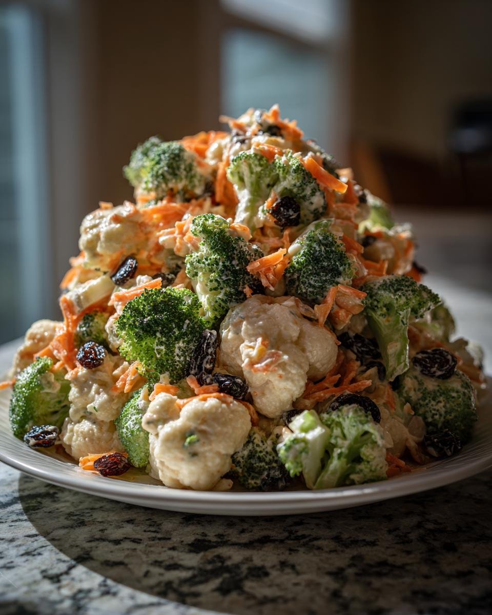 A large mound of Colorful Cauliflower And Broccoli Salad Recipe Delight featuring florets, shredded carrots, and raisins in a creamy dressing.