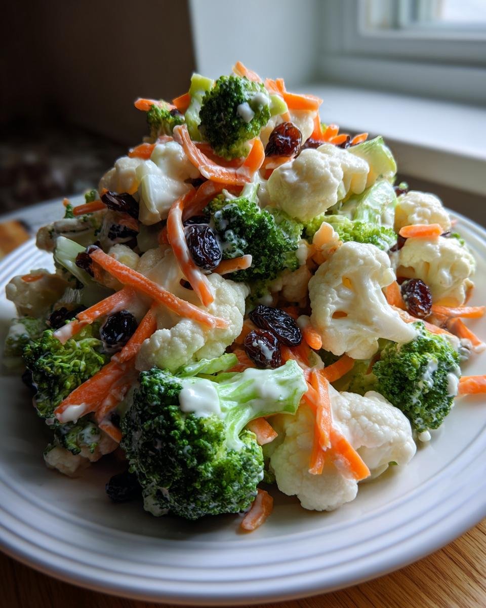 A mound of Colorful Cauliflower And Broccoli Salad Recipe Delight featuring florets, shredded carrots, raisins, and creamy dressing.