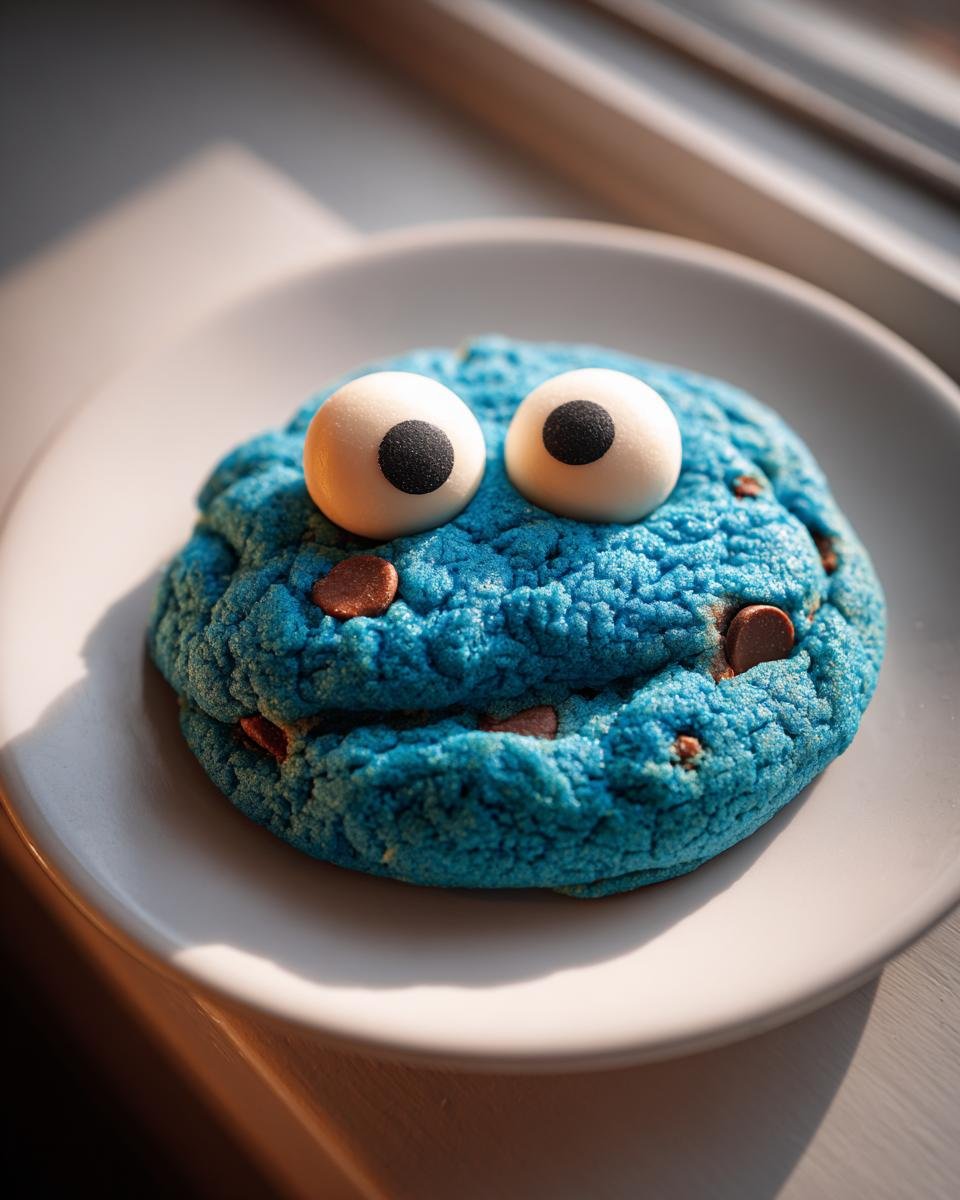 A single, bright blue Cookie Monster cookie with large candy eyes and chocolate chips, sitting on a white plate.