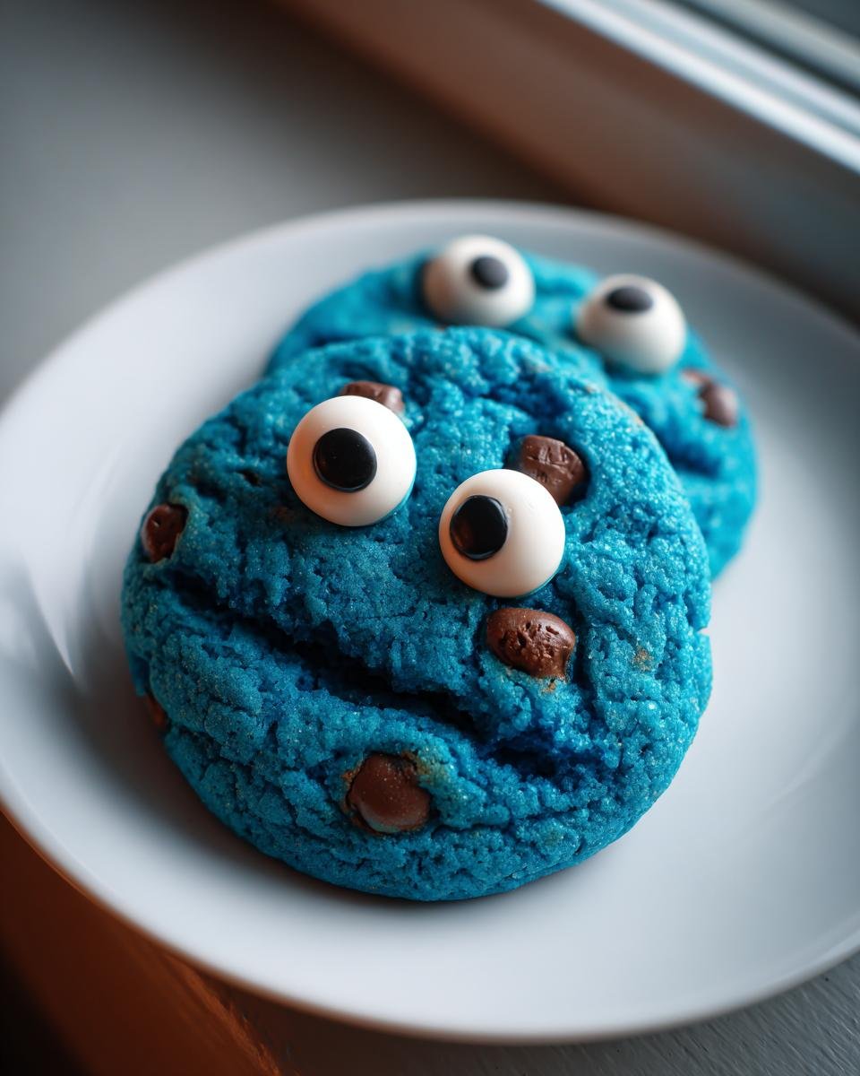 Close-up of bright blue Cookie Monster Cookies with chocolate chips and large candy eyeballs.