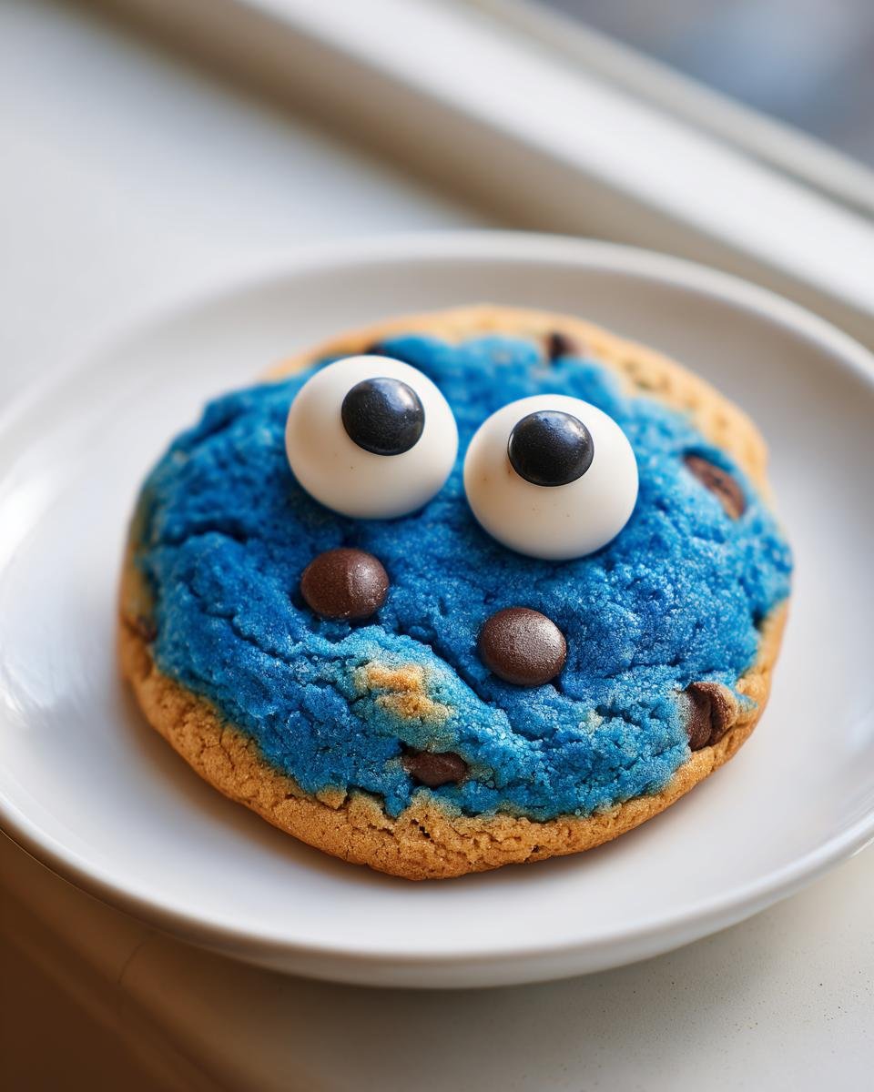 A single, bright blue Cookie Monster cookie topped with large candy eyeballs and chocolate chips.