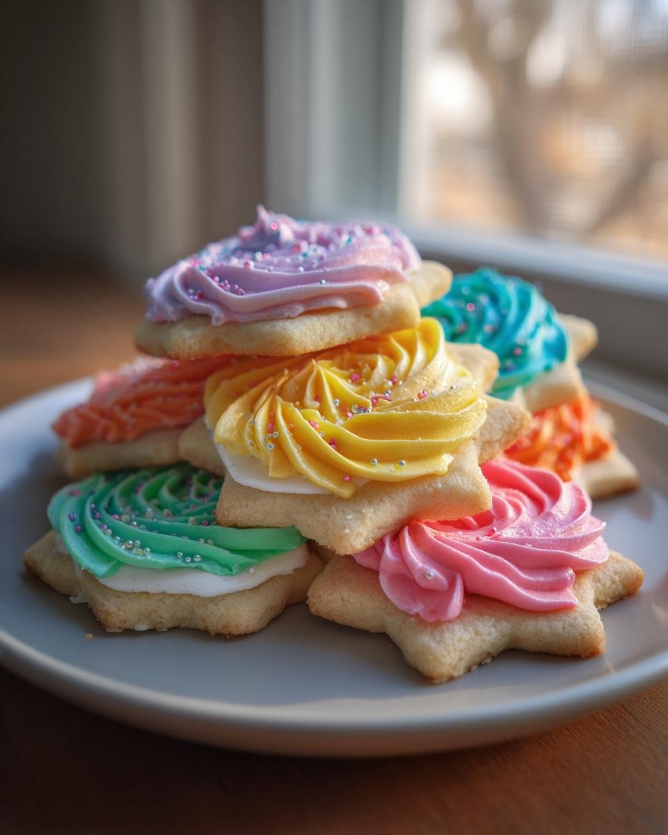 A stack of star-shaped Irresistible Holiday Sugar Cookies topped with brightly colored, piped frosting and sprinkles.