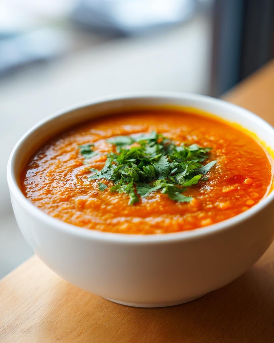 Close-up of a white bowl filled with thick, orange Comforting Lebanese Lentil Soup, topped with fresh chopped cilantro.