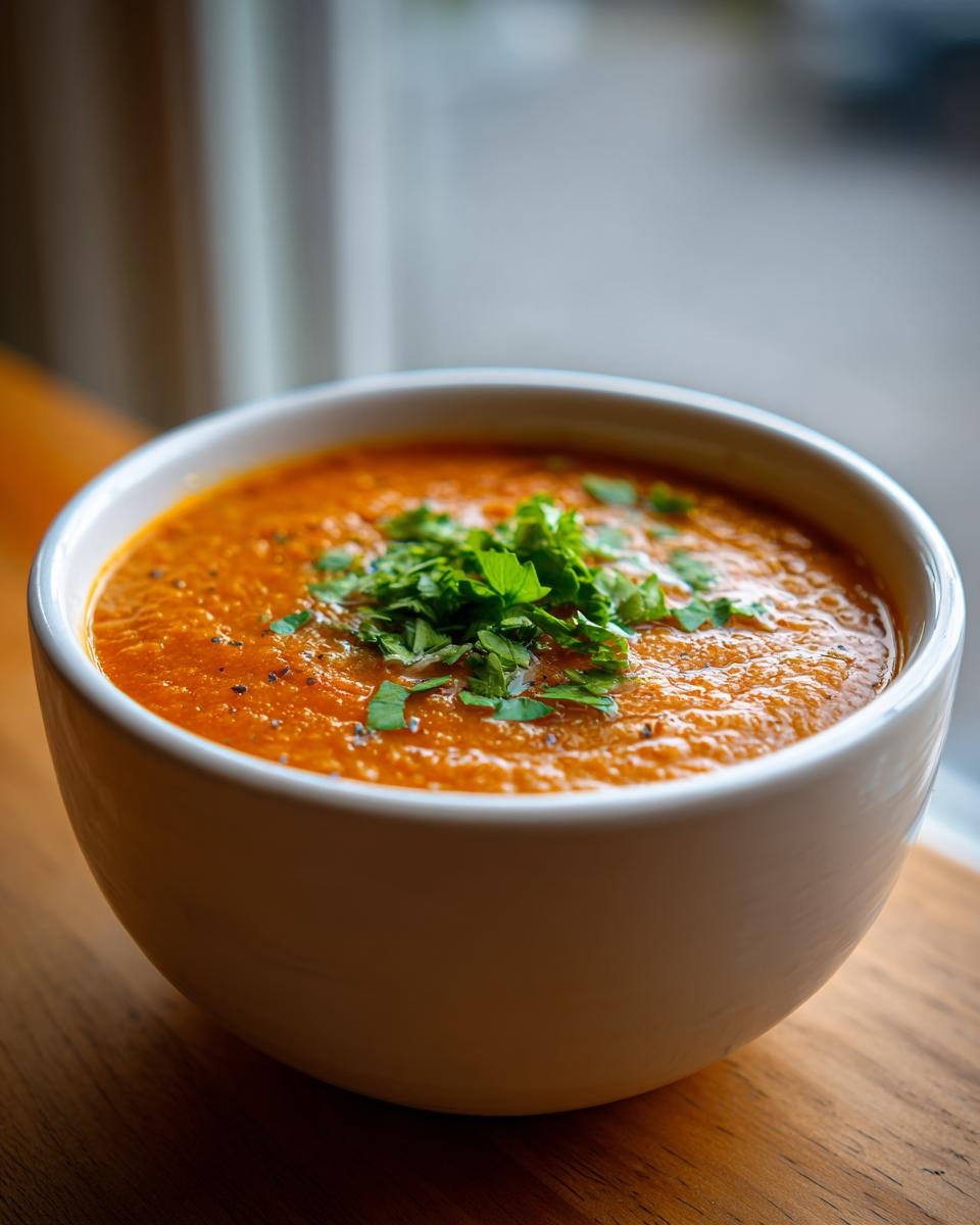 Close-up of a bowl of thick, orange-hued Comforting Lebanese Lentil Soup, garnished with fresh chopped parsley.