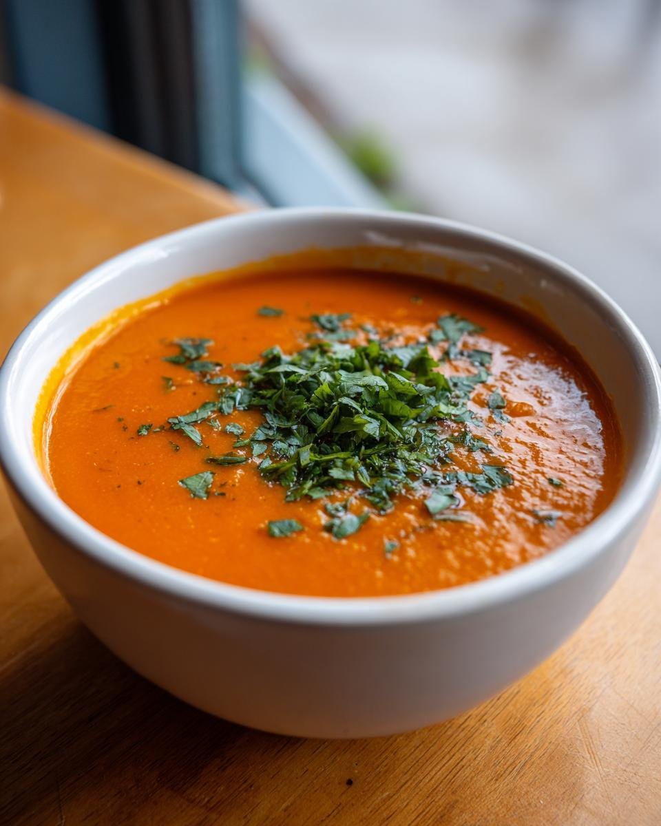 Close-up of a white bowl filled with rich, orange-red Comforting Lebanese Lentil Soup, topped with fresh chopped parsley.