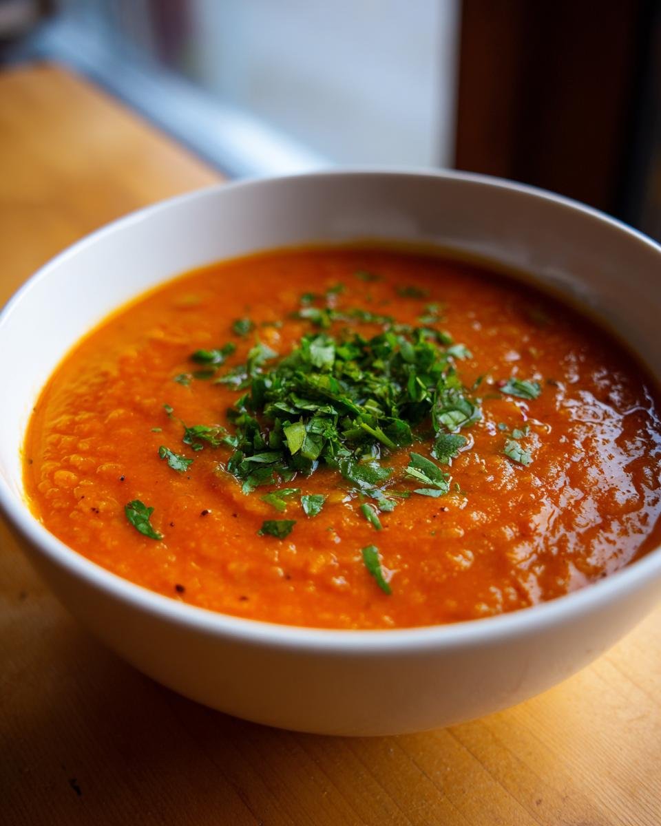 Close-up of a white bowl filled with thick, orange-red Comforting Lebanese Lentil Soup, topped with fresh chopped parsley.