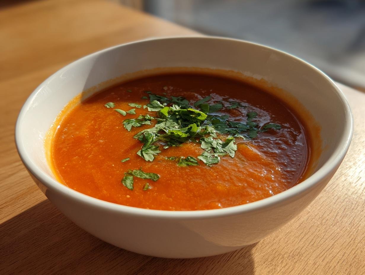 Close-up of a white bowl filled with bright orange Comforting Lebanese Lentil Soup, garnished with fresh chopped parsley.