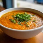 Close-up of a white bowl filled with thick, orange Comforting Lebanese Lentil Soup, topped generously with fresh chopped parsley.